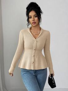 Elenzga كارديجان مزيف أنيق ومصقول، كنزة صوفية طويلة الأكمام باللون الأزرق الداكن، خريف/شتاء - لون مشمشي - مشاهدة 3