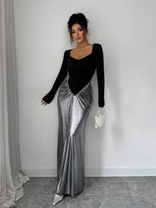 Selianne 女式拼色褶饰心形领修身长袖连衣裙 - 黑色 - 查看 5