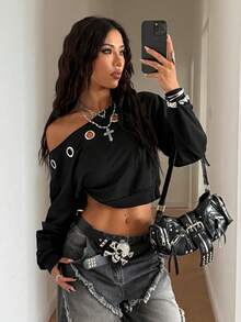 SHEIN HypeZone 女士朋克风露肩铆钉短款卫衣，黑色，秋季款 - 黑色 - 查看 1