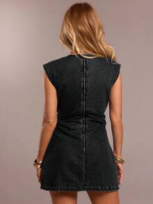 SHEIN Forever 21 Summer New Round Neck Sleeveless Waist A-Line Washed Denim Mini Dress For Women - Black - View 2