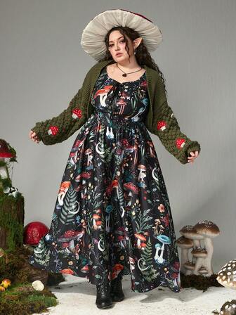 Goth Robe imprimée de forêt de champignons, de fougères et de plantes, grande taille, dos nu, à lacets, style rétro de palais d'automne/hiver long avec motif de champignons pour femmes