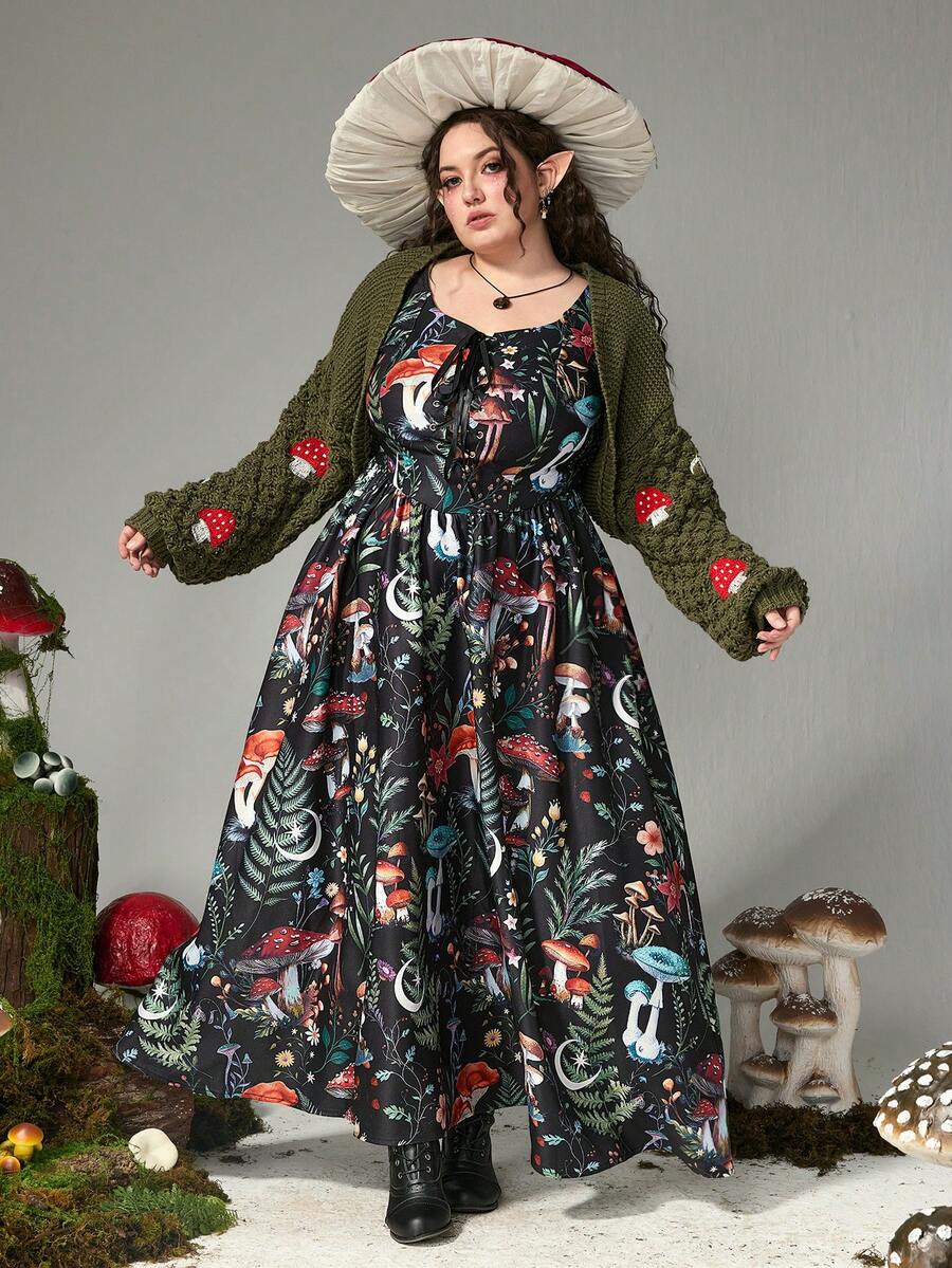 ROMWE Fairycore Váy họa tiết cây dương xỉ rừng nấm cỡ lớn, hở lưng, buộc dây, phong cách cung điện cổ điển thu đông dài họa tiết nấm dành cho nữ - Nhiều màu - Xem 1