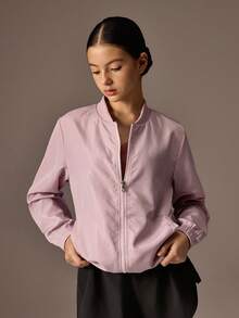 少女纯色长袖拉链棒球领夹克 - 粉色 - 查看 1