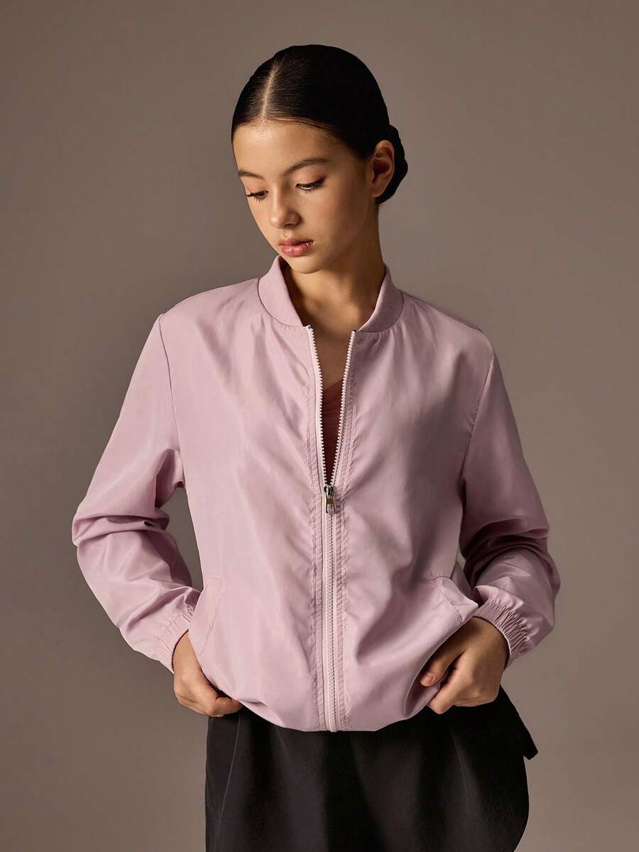 少女纯色长袖拉链棒球领夹克 - 粉色 - 查看 1