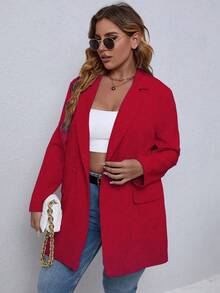 EMERY ROSE Plus Size Casual Solid Color Notched Lapel Double-Breasted Blazer, Autumn - Red - View 5