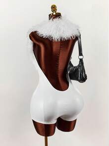 Y2K Amplova Party Style Silver Furry Neck Splice PU Sexy Women's Jumpsuit Women Body Suit Backless Sexy Women Clothes Bodysuits For Women Sexy, Autumn/Winter Thanksgiving And New Year Party - Multicolor - View 1