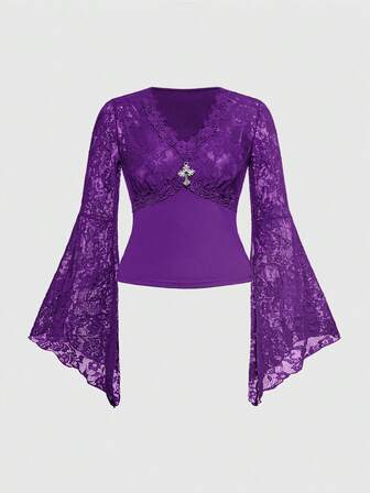 Goth Camicetta con scollo a V, maniche a sbuffo e pizzo a contrasto, stile gotico romantico, taglie comode