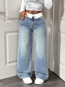 Slaydiva 女士牛仔裤，阔腿牛仔裤，Y2K 宽松牛仔裤，夏季牛仔裤，双层腰带，做旧水洗，浅蓝色牛仔裤。 - 淺色水洗藍 - 查看 1