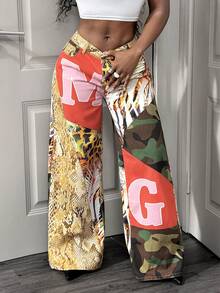 Slaydiva Women's Fashion Camouflage & Snake Skin Print Patchwork Wide Leg Jeans, Patchwork Jungle Theme Jeans - Multicolor - View 6