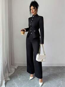 SHEIN PETITE Bộ áo và quần cổ lọ cho nữ - màu đen - Xem 7