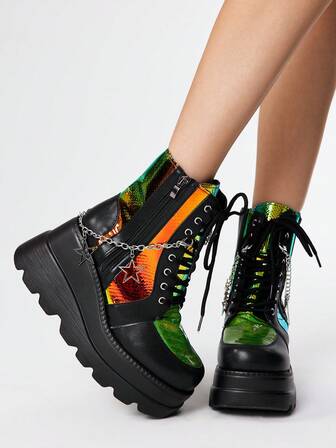 Grunge Punk Women's Thick Sole Motorcycle Boots, Subculture Dark Gothic Punk Platform PU Chain Mid-Calf Riding Boots