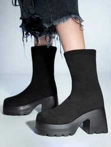 Sugerpunk Women's Gothic Round Toe Chunky Heel Mesh Elastic Ankle Boots, Outdoor Slip-On Mid-Calf Boots, Spring/Autumn New Style