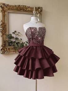 Lovelzi 优雅、浪漫、性感的黑色缎面面料，深 V 领，收腰，紧身胸衣，大量水钻装饰，有骨紧身胸衣，后背系带，A 字裙，褶皱设计，适合毕业典礼、学校开学、音乐节、生日派对、婚礼、舞会礼服 - 紫紅色 - 查看 6