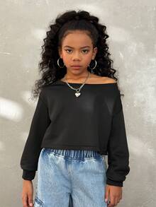Coolane Sweatshirt Pendek Kasual Model Bahu Terbuka untuk Anak Perempuan, Atasan Lengan Panjang, Pakaian Musim Gugur dan Musim Dingin untuk Anak Perempuan - Hitam - View 2