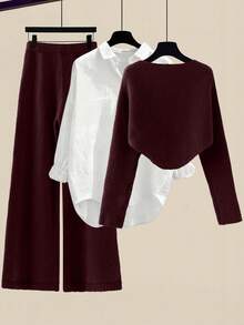 GlowEve Setelan 2 Potong Wanita: Sweater Model Lilit dan Celana Rajut Warna Polos, Musim Gugur/Dingin - Burgundy - View 2
