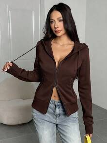 SHEIN EZwear Áo nỉ dáng ôm, màu trơn, lót giữ nhiệt, thích hợp cho mùa Thu/Đông. - Cà phê nâu - Xem 4