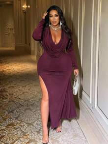 NU&NOW Plus Size Women's Dark Purple Solid Knit Deep Draped Neck Bodycon Long Sleeve Maxi Dress,Curve Elegant Cocktail Party Outfit,Autumn Slit Hem - Purple - View 2