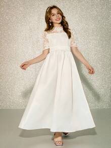 Satin Lace Patchwork Embroidered Mesh Dress, High-End White Formal Dress For Tween Girl - White - View 4