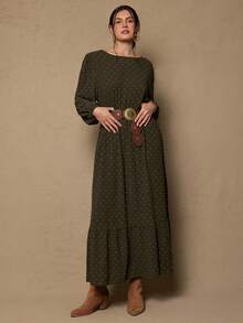 Freevana Plus Size Women Casual Crew Neck Lantern Sleeve Ruffle Hem Dress Autumn Vintage Style Peasant Western Boho Clothing Western/Winter - Army Green - View 4