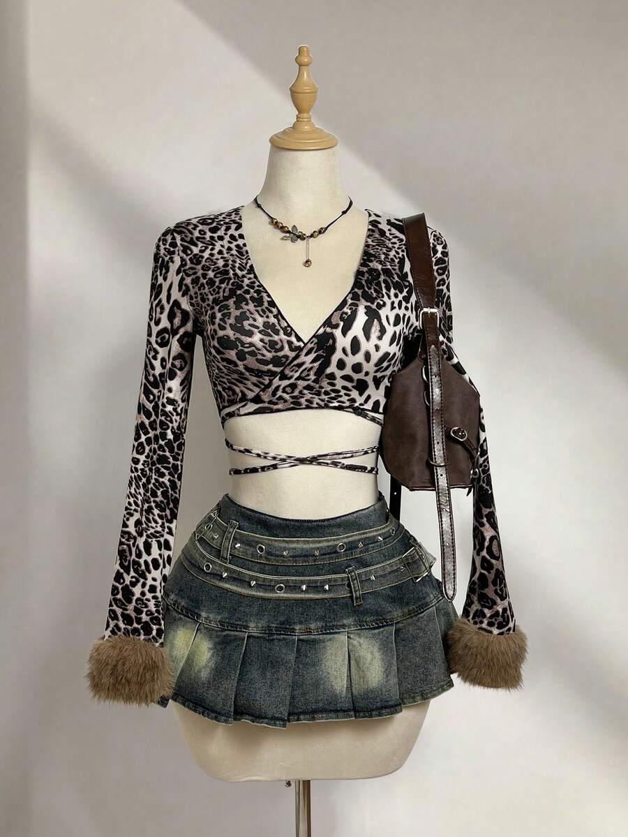 SHEIN Unity Áo quấn tay dài họa tiết da báo cho nữ, trang phục thường ngày phong cách Y2K, cổ tay áo có họa tiết tương phản, mùa thu/đông - Nhiều màu - Xem 1