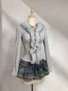 Elamini 2025秋冬新款女式修身V领条纹长袖上衣，性感款式 - 灰色 - 查看 5