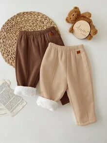 SHEIN 2pcs Baby Girl Corduroy Solid Color Thermal Lined Elastic Waist Pants, Autumn/Winter - Multicolor - View 5