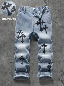 SHEIN 男童时尚酷炫黑色十字纹宽松蓝色牛仔阔腿裤，休闲百搭，适合秋冬日常穿着和街头潮流，也适合万圣节、圣诞节、新年、感恩节等节日穿着。 - 中等水洗藍 - 查看 5