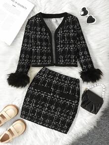 SHEIN NovaGlow 女童都市优雅开衫毛领半裙套装，圣诞节款，黑色 - 黑色 - 查看 2