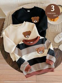 LMoss Kids LMoss 三件套男婴针织纯色小熊图案条纹圆领卫衣套装，男婴宽松圆领卫衣，男婴小熊图案服装，中性婴儿服装，S码，长袖上衣，套头衫，舒适秋冬款式，长袖上衣
