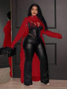 Maweii Plus Size Fashion Tassel Decor Short Front Long Back Sweater Knit Pullover Fall Winter Autumn Party Red - Red - View 3