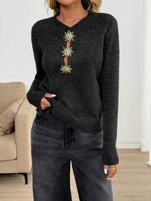 EMERY ROSE New Elegant Button Decor Pullover Sweater, Minimalist European & American Style Fashion Knit Top - Blue - View 3