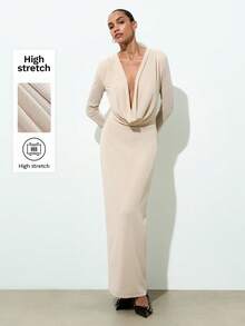 Maija 女式纯色垂坠领长袖修身连衣裙 - 杏色 - 查看 1