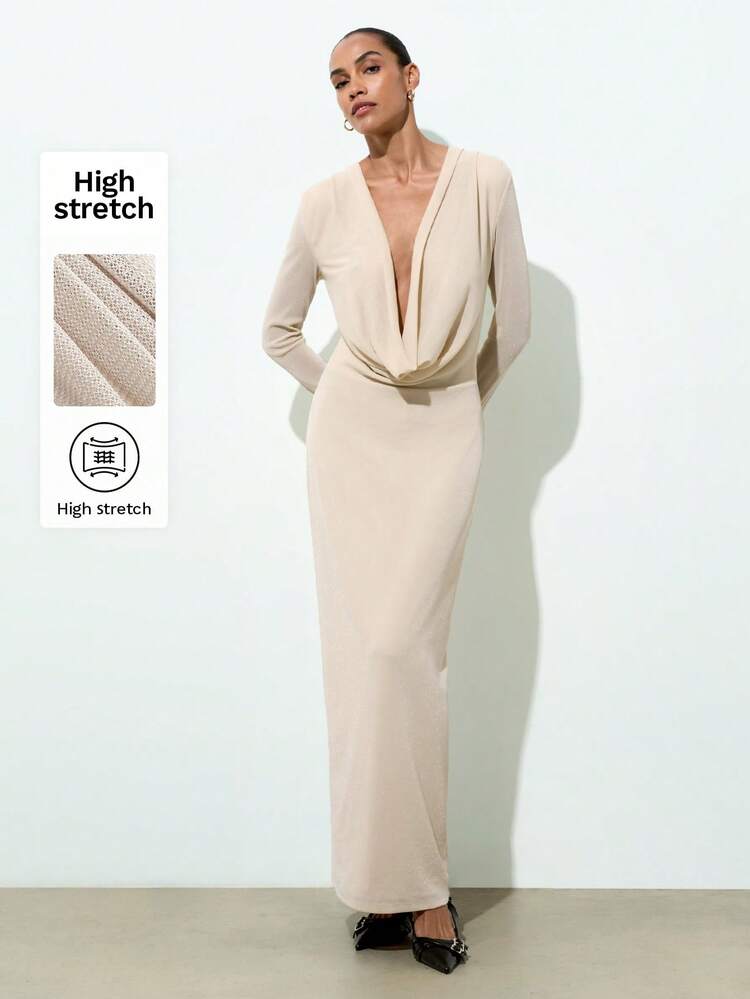 SHEIN Maija Women's Solid Color Draped Neck Long Sleeve Fitted Dress Elegant Dresses For Women  Elegant Dress For Women  Elegant Dress Women  Elegant Party Dresses For Women  Long Party Dress