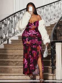 Hourglow Váy xẻ cao họa tiết hoa thanh lịch và gợi cảm cỡ lớn - màu đen - Xem 8