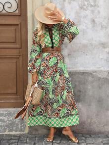 Brillora Autumn/Winter Casual Vacation V-Neck Tassel Tie Bohemian Style Printed Long Sleeve Dress For Women - Multicolor - View 4