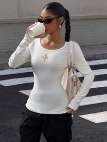 SHEIN Muchic Women's Letter Print Fitted Long Sleeve T-Shirt, White Y2k Top - White - View 3