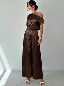 Firerie Conjunto de blusa suelta sin hombros asimétrica con detalles metálicos sin mangas y pantalones de pierna ancha con cintura elástica, adecuado para citas, fiestas, ir al trabajo, conciertos, graduaciones, atuendos de maestros, ocasiones formales - Marrón - Ver 7