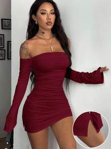 Coolane 女士白色针织修身露肩连衣裙 - 酒紅色 - 查看 3