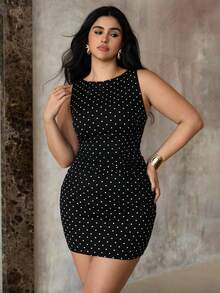 Roveilla 大码女式波点无袖褶皱腰修身短裙，优雅秋季，女士秋冬服装，机场旅行装，大码秋冬服装，浪漫连衣裙，婚礼宾客礼服，紧身连衣裙，晚礼服，正式礼服，生日礼服 - 黑與白 - 查看 1