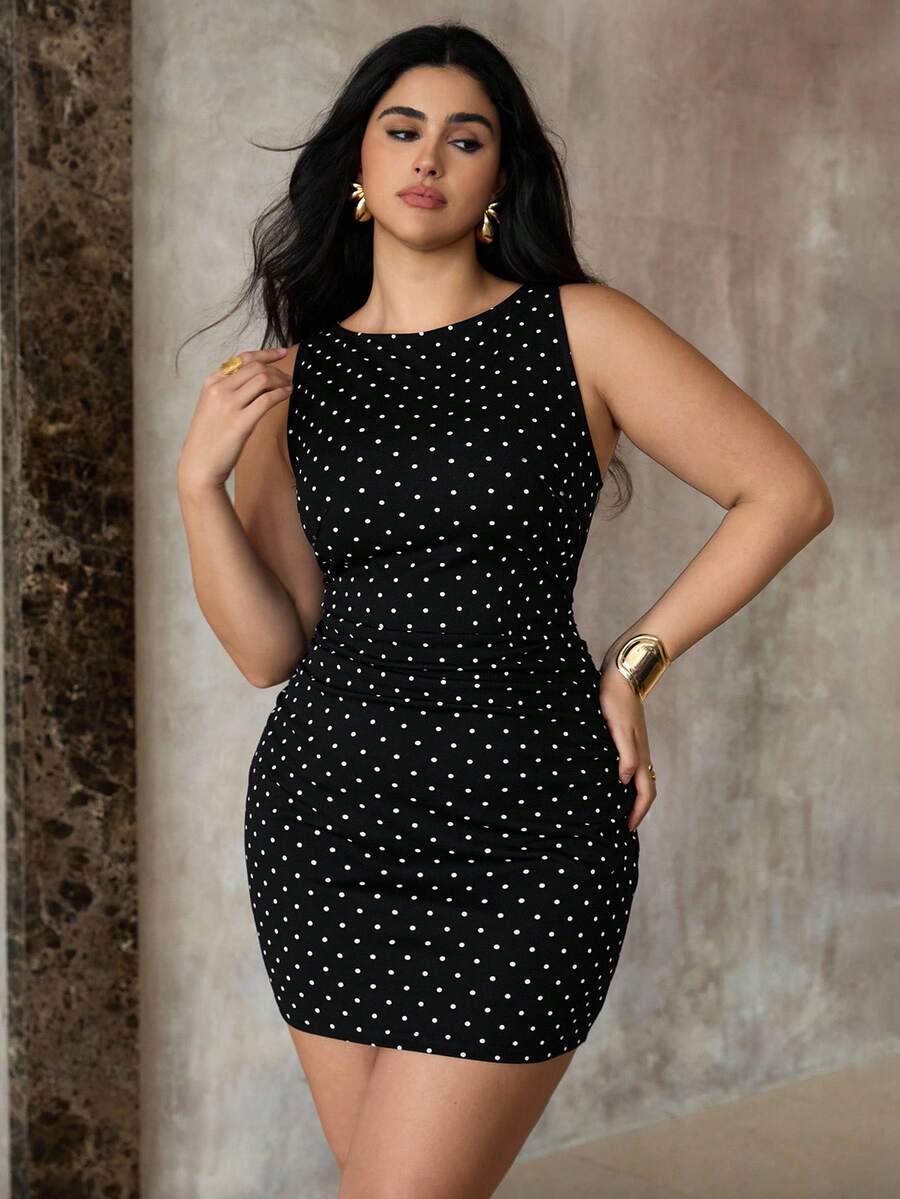 Roveilla 大码女式波点无袖褶皱腰修身短裙，优雅秋季，女士秋冬服装，机场旅行装，大码秋冬服装，浪漫连衣裙，婚礼宾客礼服，紧身连衣裙，晚礼服，正式礼服，生日礼服 - 黑與白 - 查看 1