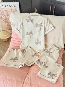 SHEIN 3件套女士印花翻领短袖短裤睡衣套装 - 米色 - 查看 2