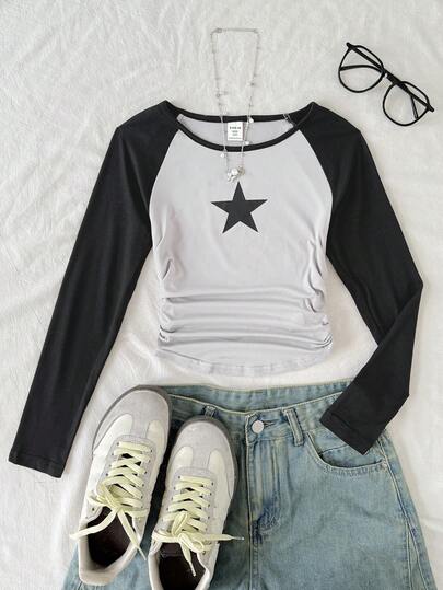 Tween Girl Raglan Sleeve Colorblock Star Print Long Sleeve Round Neck T-Shirt, Back To School Outfit Tee, Streetwear Casual Tee, Fitted Ruched Curved Hem Cropped T-Shirt