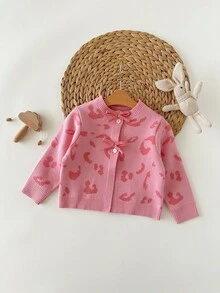 SHEIN Babygirl 休闲豹纹针织开衫，百搭秋冬 - 粉色 - 查看 5