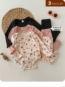 Newborn Baby Girl Cute Casual Ditsy Floral Elastic Knit Long Sleeve Bodysuit, Autumn/Winter