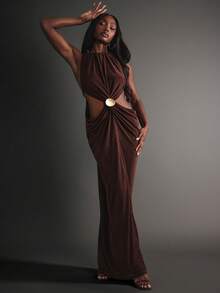 Hauture Night Out Sexy Party Soft Shine Front Drape Side Cut Out Metal Neck Trim Elegant Brown Dress - Brown - View 1