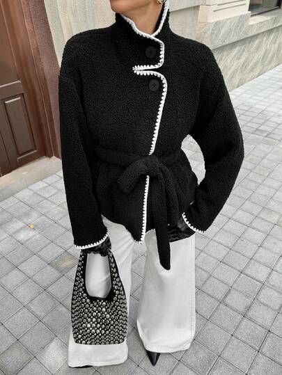Siren Gaze Women's Regular Autumn/Winter Fashion Contrast Color Trim Waist Coat Black Black Coat Women Black Cardigan Coat For Edgy Woman Casual For Women Casual Blouse For Women Winter For Women Black Coat Women's Thermal Coat