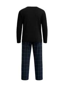 2pcs Men's Casual Sleepwear Set: Long Sleeve Top And Plaid Pants - Blue - View 6