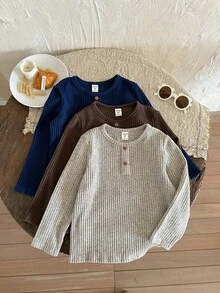 LMoss Kids LMoss 3件套男童纯色圆领休闲T恤，女童长袖上衣，舒适秋冬款式，长袖上衣，冬季服装，秋季服装，棕色上衣