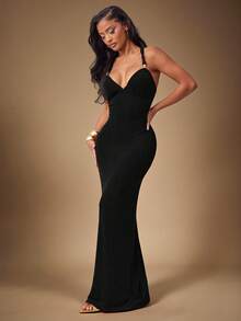 Radiana 女士性感优雅黑色紧身连衣裙，性感露背金属珠饰吊带设计吊带裙，红色正式礼服，适合约会、聚会、生日、派对、宴会、舞会、正式场合 - 黑色 - 查看 8