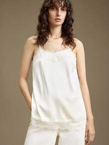 Ontre 女士象牙色缎纹斜纹面料，舒适柔软，蕾丝饰边，细肩带侧开衩设计，百搭时尚，尽显高雅气质，适合度假、都市休闲、商务通勤等多种场合，高品质机场穿搭上衣 - 白色 - 查看 7